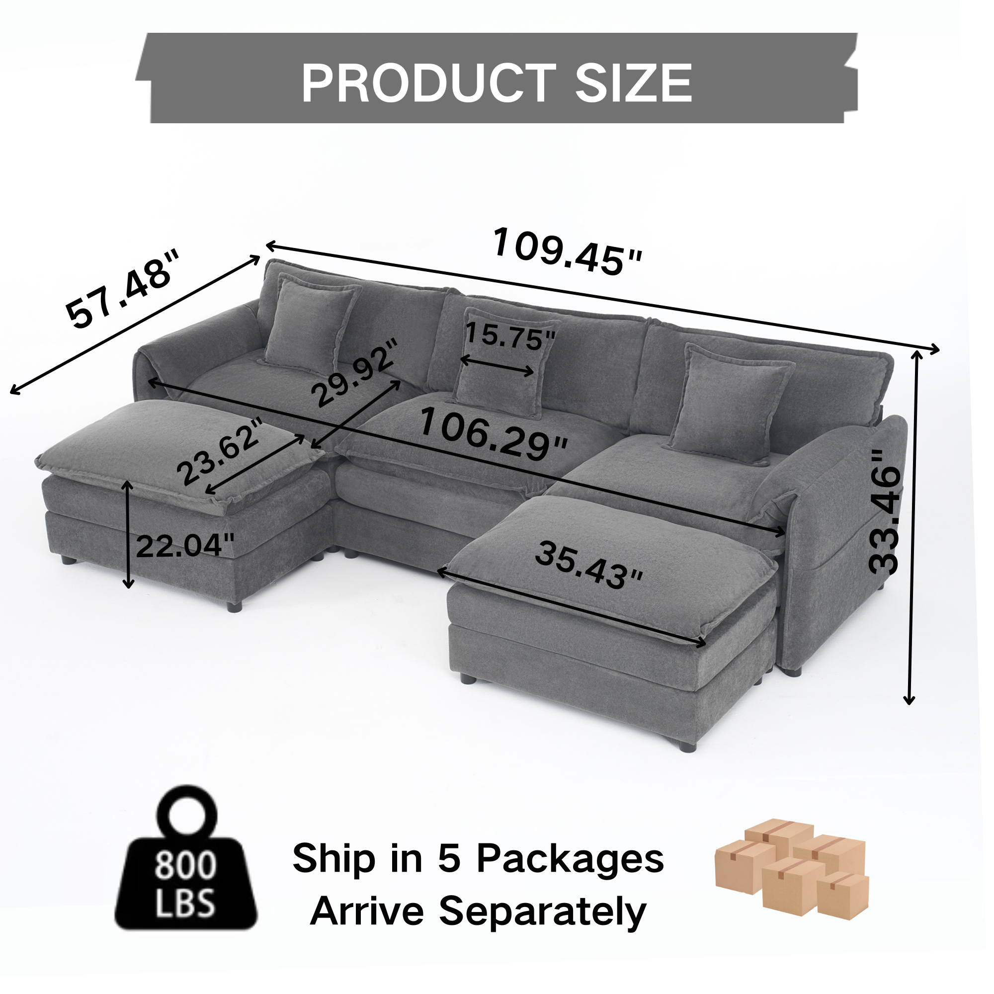 Modular Sectional Sofa - Grey Chenille Couch Set.