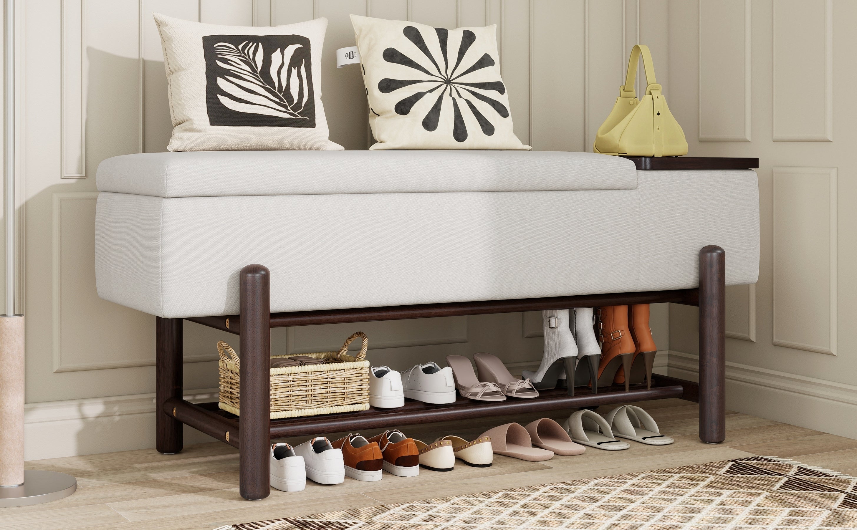 TREXM Farmhouse Upholstered Storage Bench with Hidden Compartment, Modern Entryway Bench for Living Room, Entryway, and Hallways (Espresso)