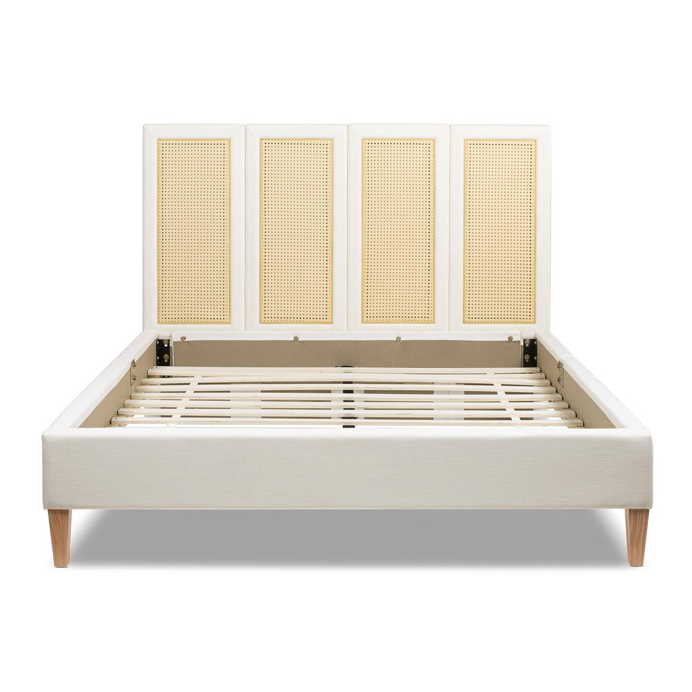 Upholstered Cane Bed Queen - Antique White Platform Bed.