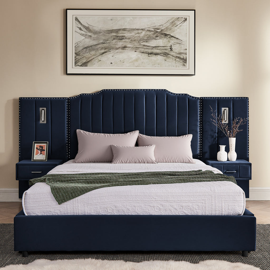 Queen upholstered bed frame velvet with navy headboard, adjustable lights, and built-in bedside tables for stylish bedroom storage.
