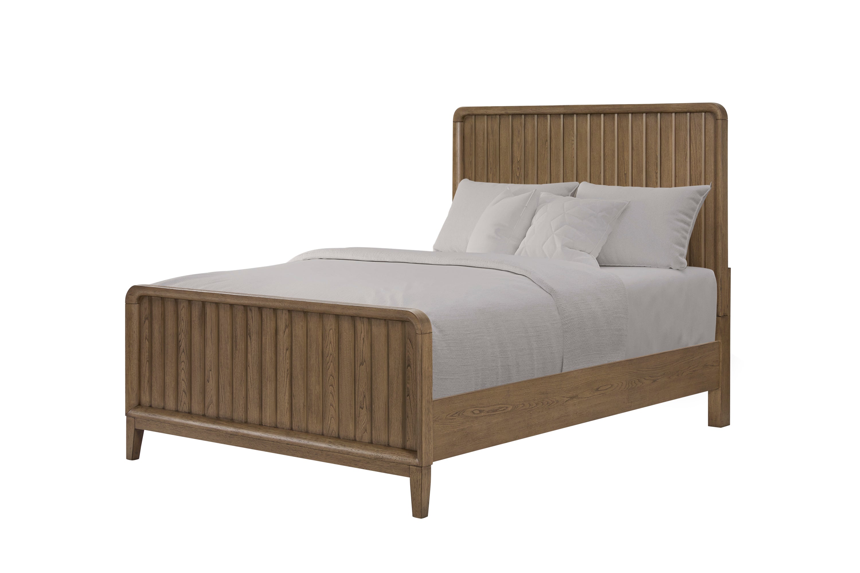 Angled view of Latte Wooden Full Bed featuring solid wood frame, MDF panels, and elegant latte finish for contemporary bedroom decor.