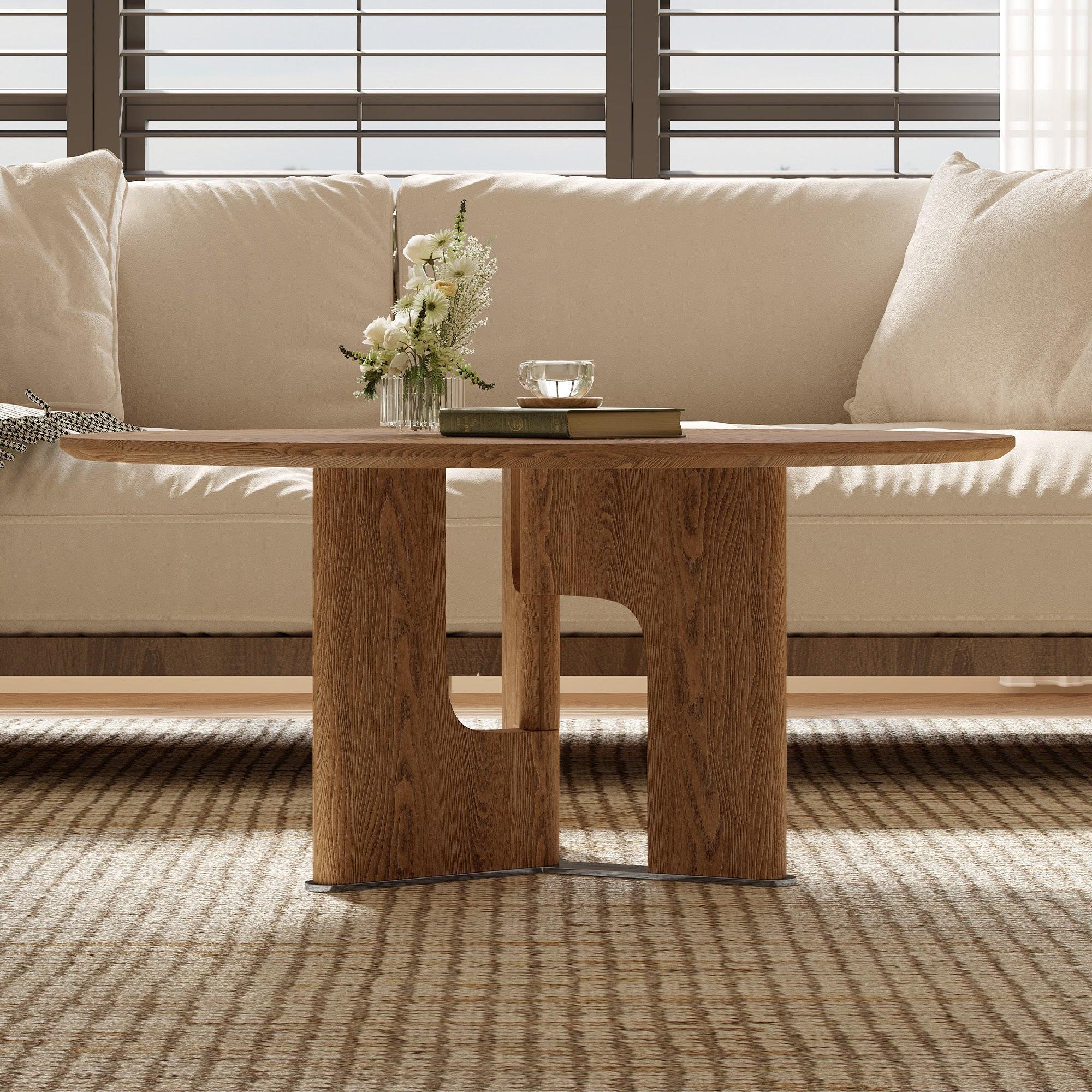 Round Rustic Ash Wood Coffee Table for Small Living Rooms.