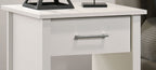 Top drawer of Celeste White Nightstand with sleek metal handle. Minimalist design ideal for modern bedroom storage.