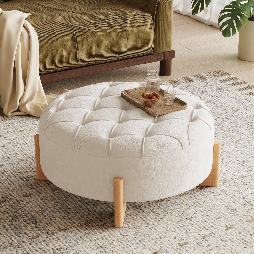 32' Round Tufted Ottoman - Elegant Chenille Coffee Table.