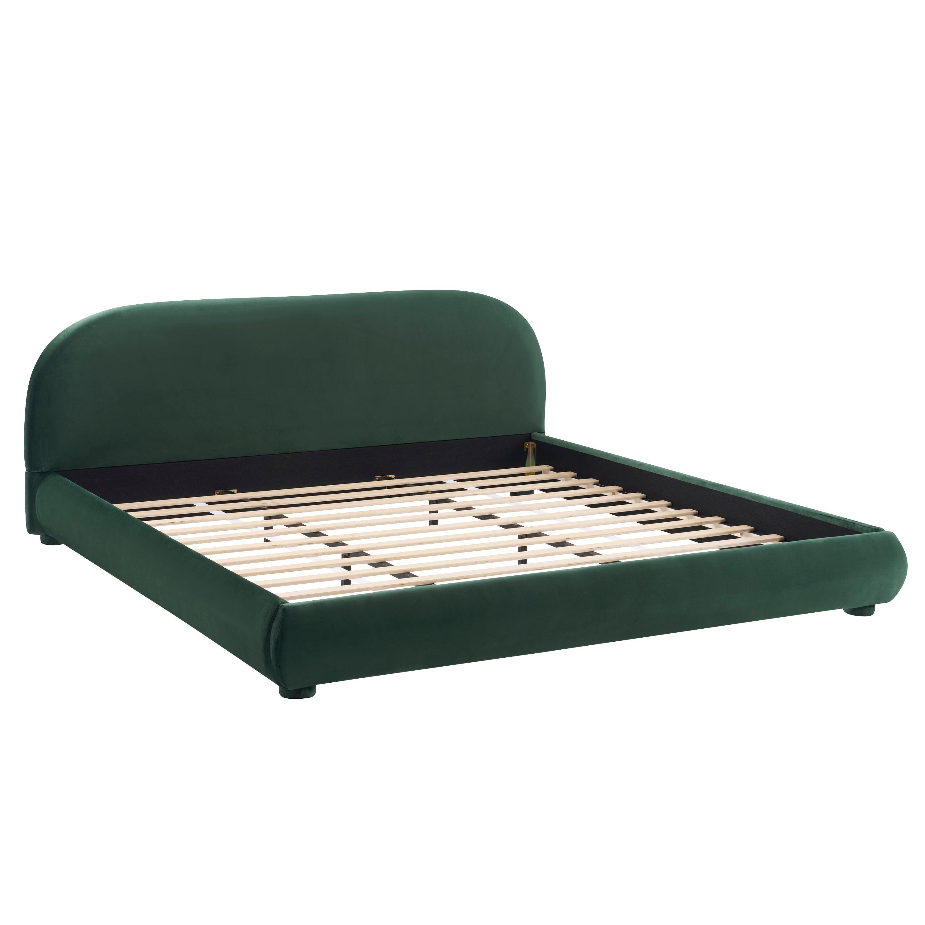 King Size Dark Green Velvet Bed with Curved Headboard.