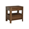 Mid-century modern walnut nightstand with two drawers, featuring curved pulls, tapered legs, and cedar-lined interiors.