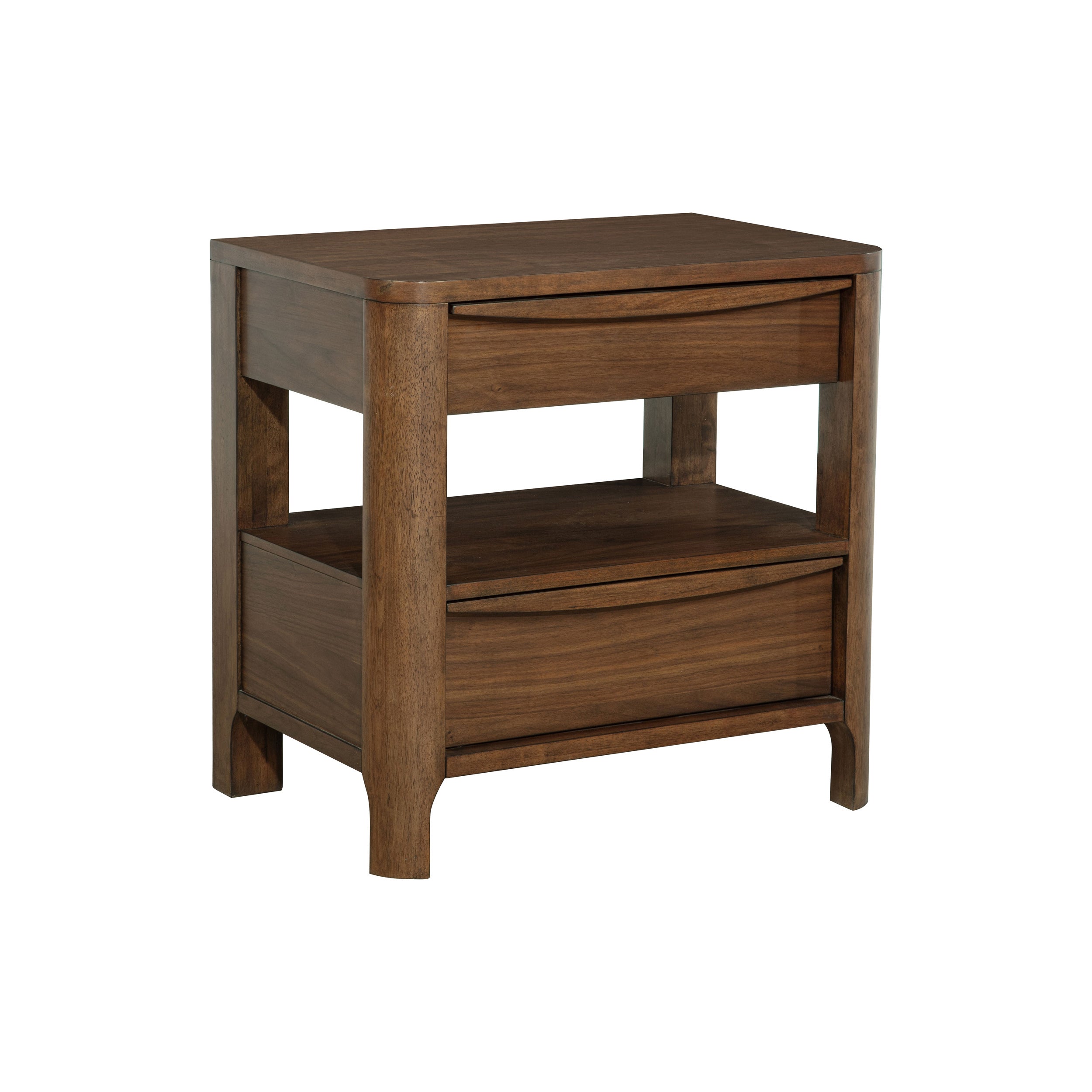 Mid-century modern walnut nightstand with two drawers, featuring curved pulls, tapered legs, and cedar-lined interiors.