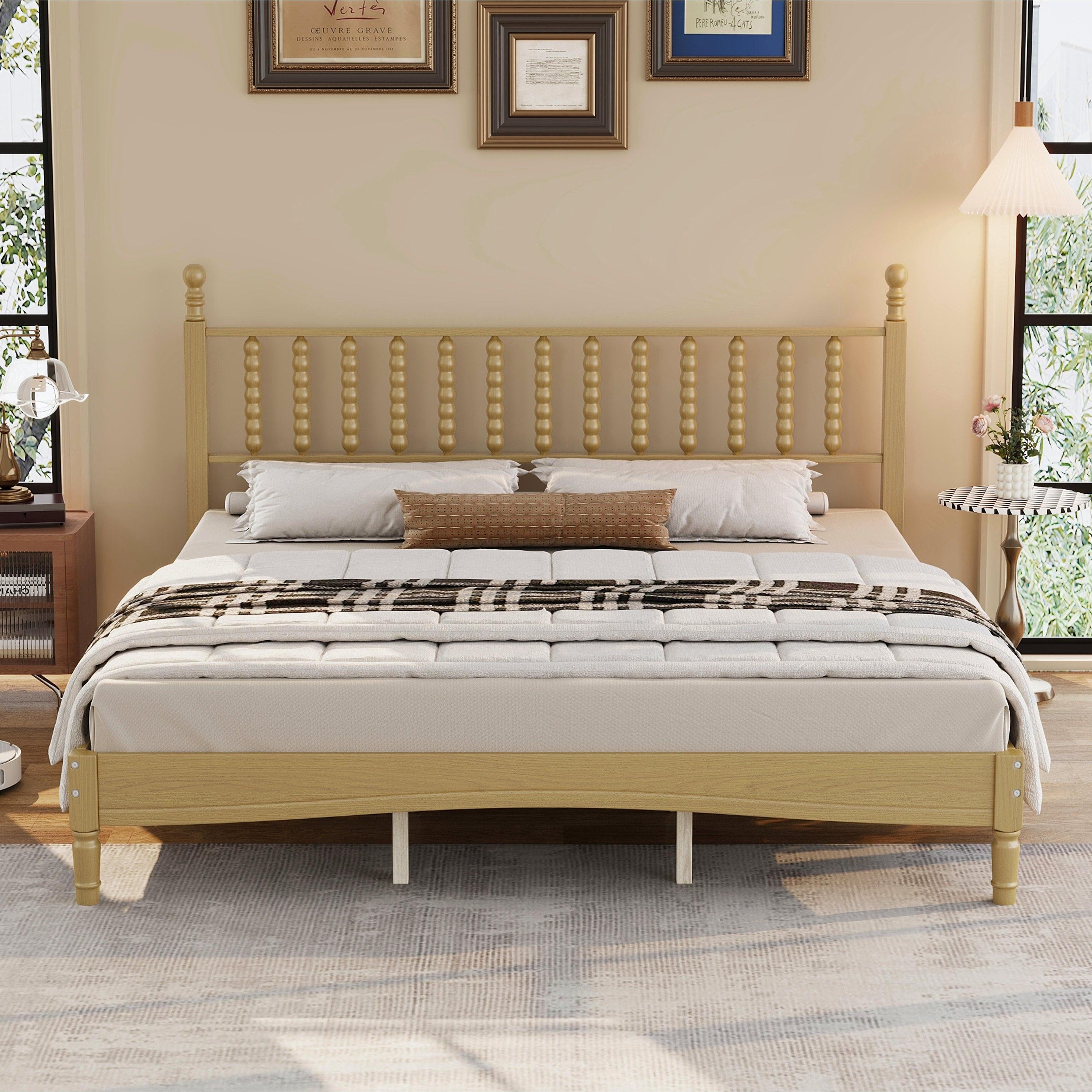 King Size Wood Platform Bed Featuring a Gourd Shaped Headboard.