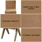 Close-up collage of Chenille & Oak Side Chair features including padded cushions, chocolate chenille fabric, and A-shaped oak legs.