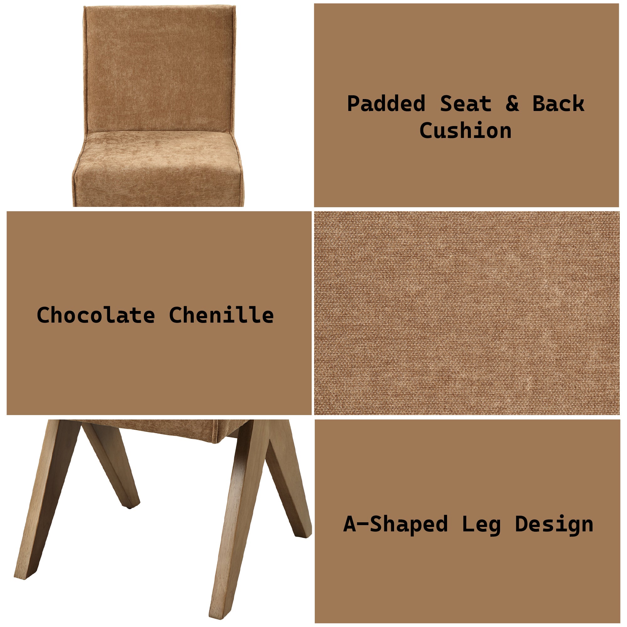Detail collage of chocolate chenille dining chair with padded seat, A-shaped legs, and soft upholstery. Part of the 8-piece light oak dining set.