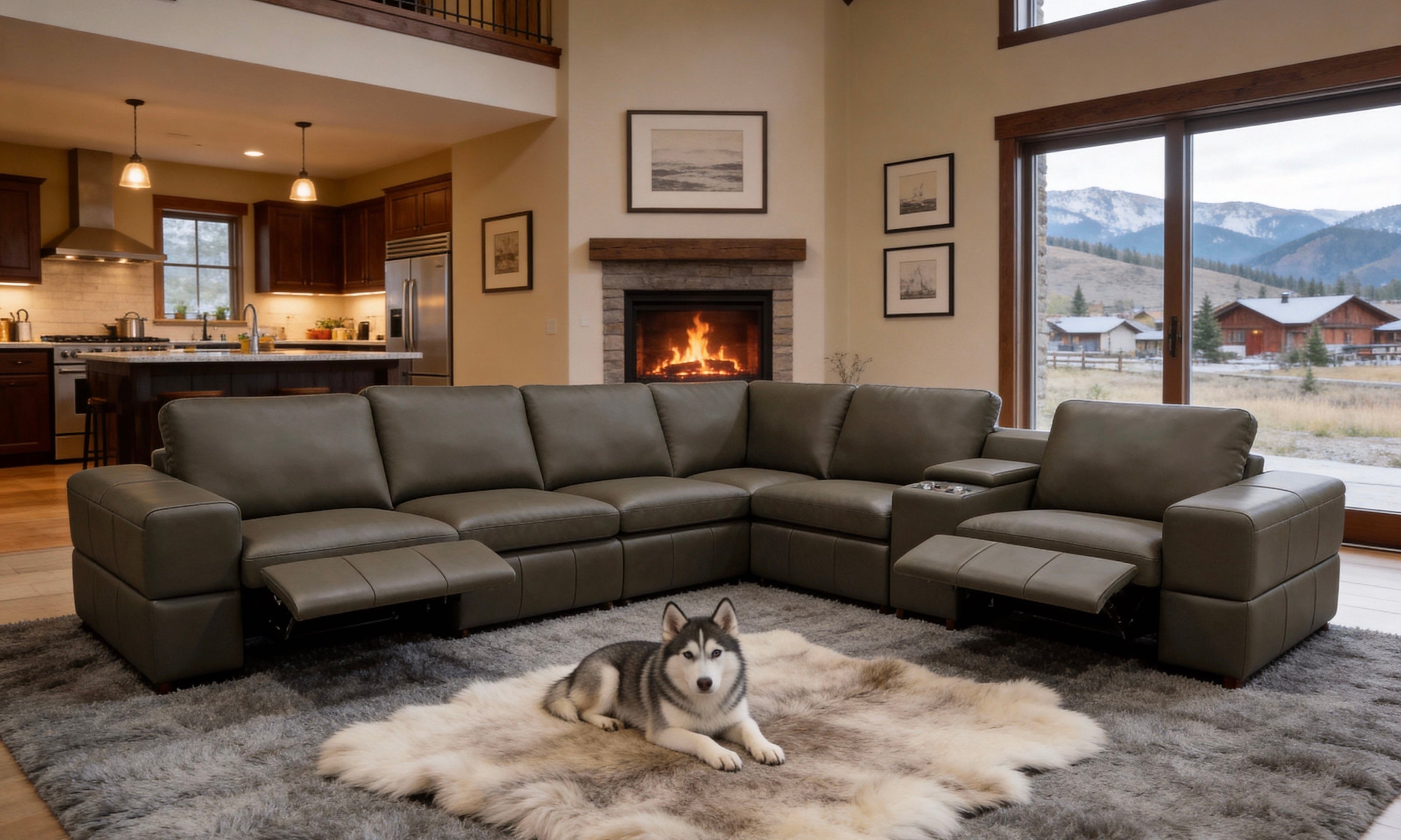 Olive Green Leather Match 6-Seater Sectional with Dual Recliners