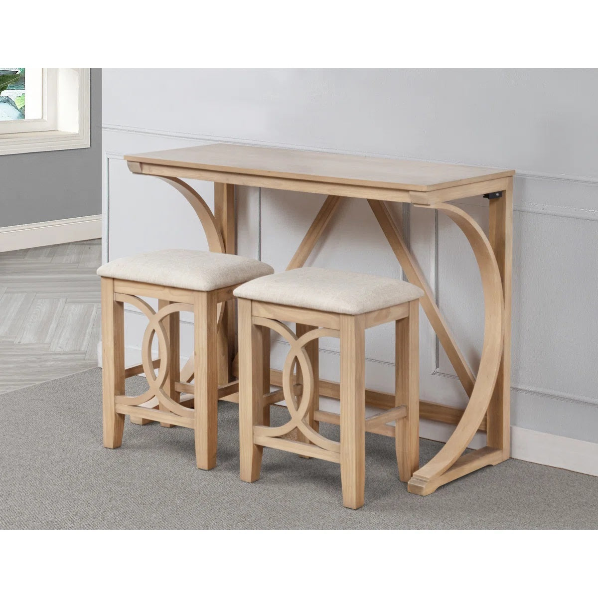 3-Piece Natural Wood Counter Height Dining Set with USB Charging Ports