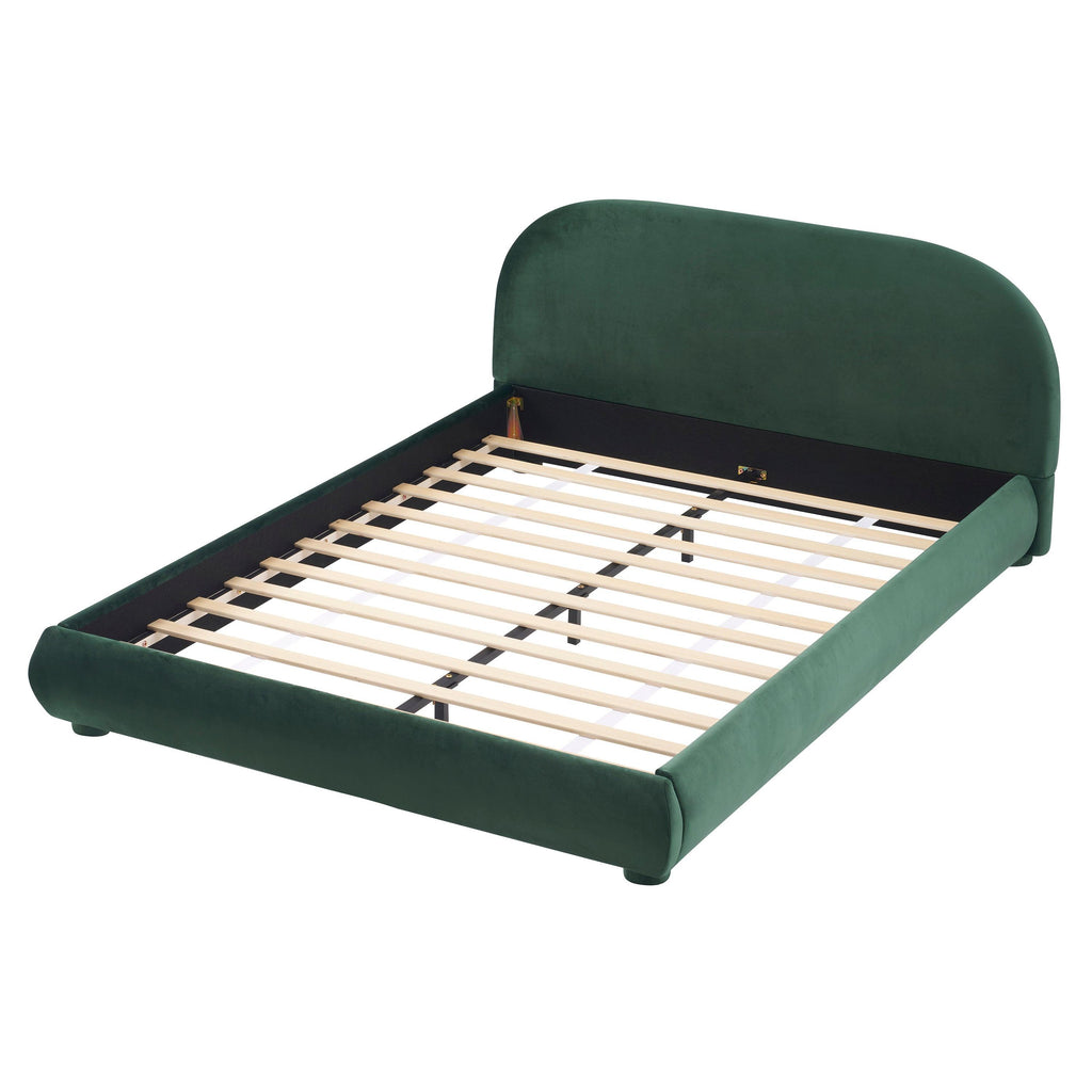 Dark Green Velvet Queen Bed with Curved Headboard.