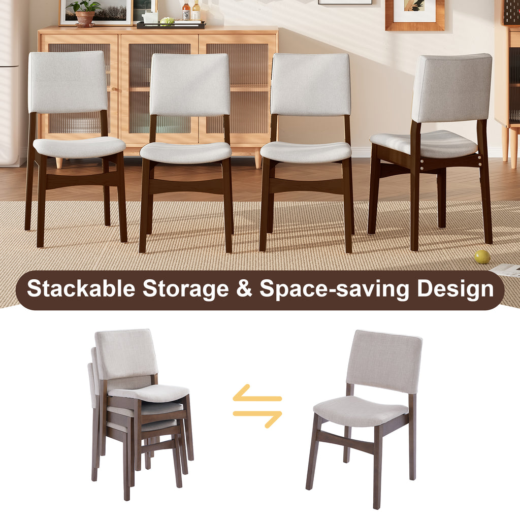 Stackable upholstered chairs from Modern Dining Set - Chairs & Table Walnut Finish shown in space-saving storage configuration.