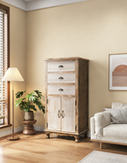 Rustic Wooden Storage Cabinet with Cutout Door & Drawers.