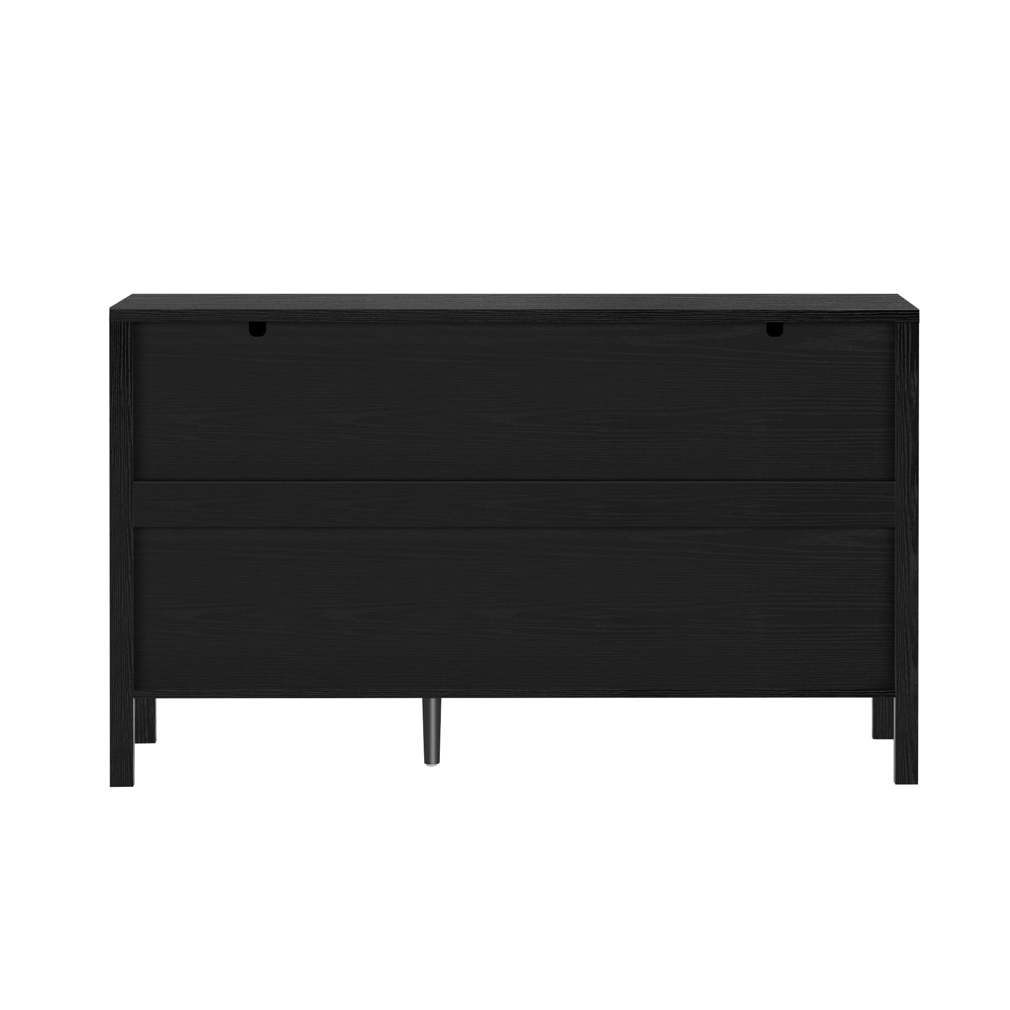 Rear view of modern wave-pattern sideboard with central support leg and clean black panel design for added stability.