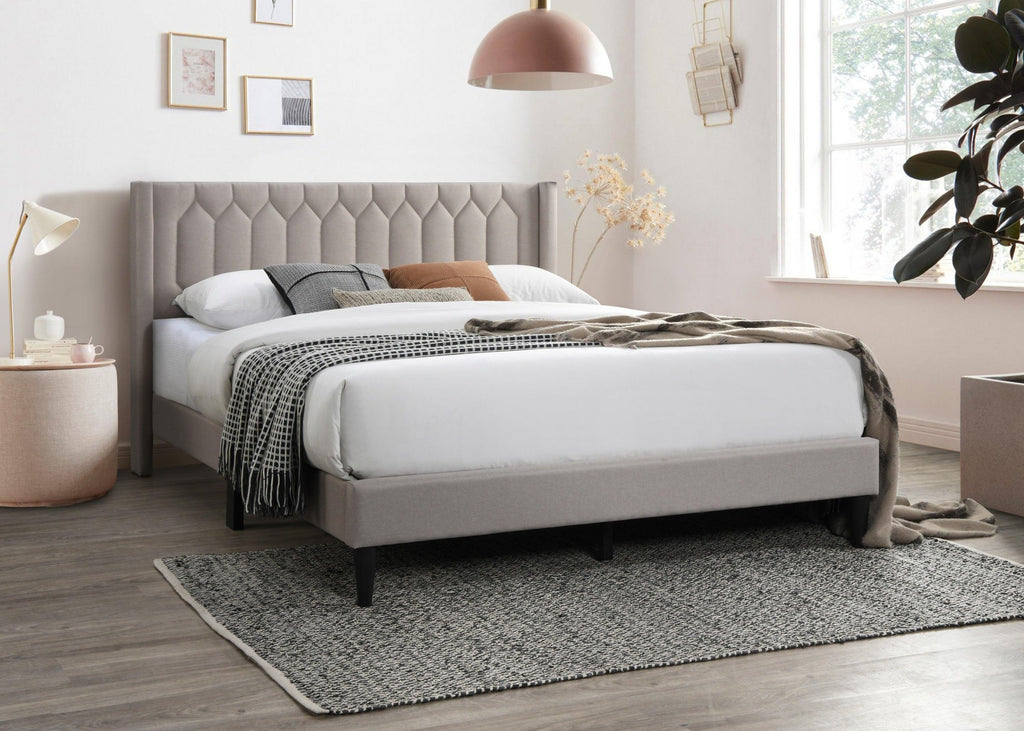Full Size Burlap Fabric Bed Frame with Diamond Design.