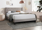 Full Size Burlap Fabric Bed Frame with Diamond Design.