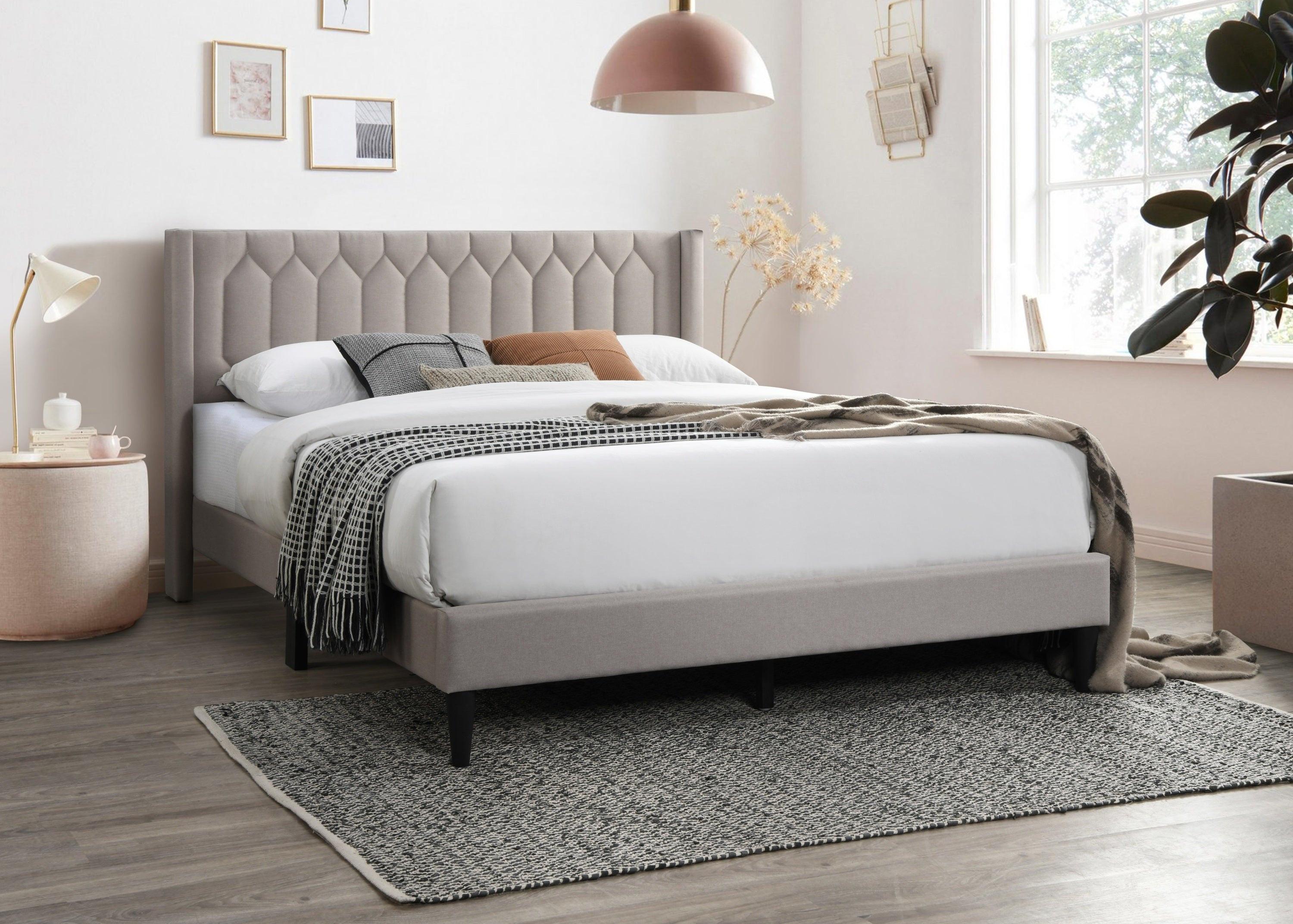 Full Size Burlap Fabric Bed Frame with Diamond Design.