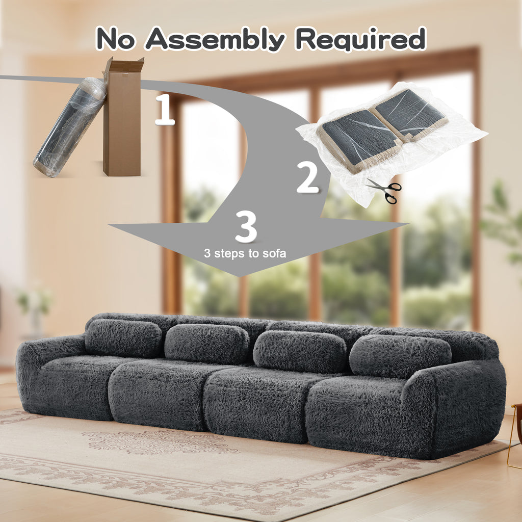 149'' dark grey modular plush sofa with no assembly steps shown, emphasizing easy setup and convenience for any home.