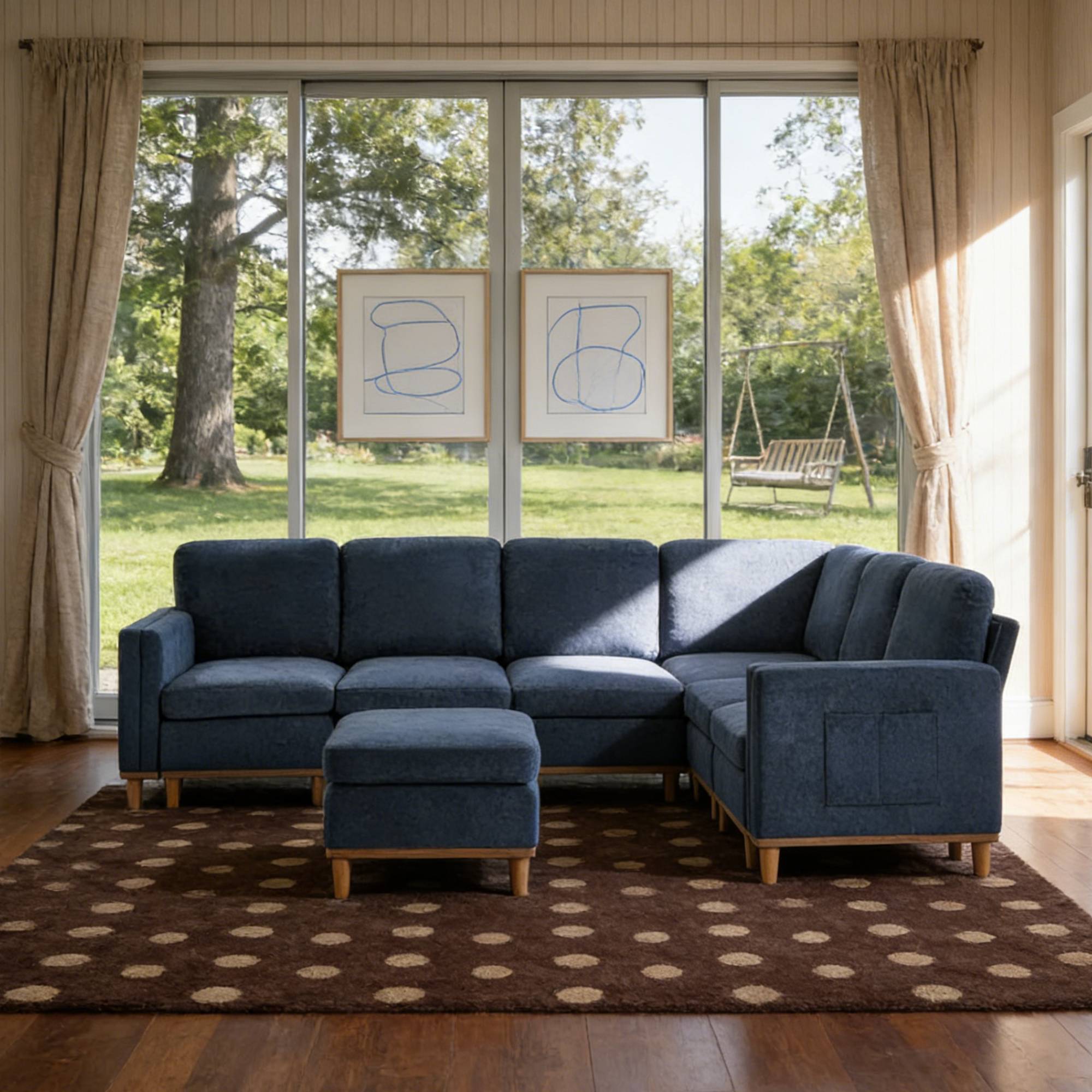 Modular sofa for modern living in a cozy home setting with large windows and nature view, showcasing multi-scene adaptability and comfort.