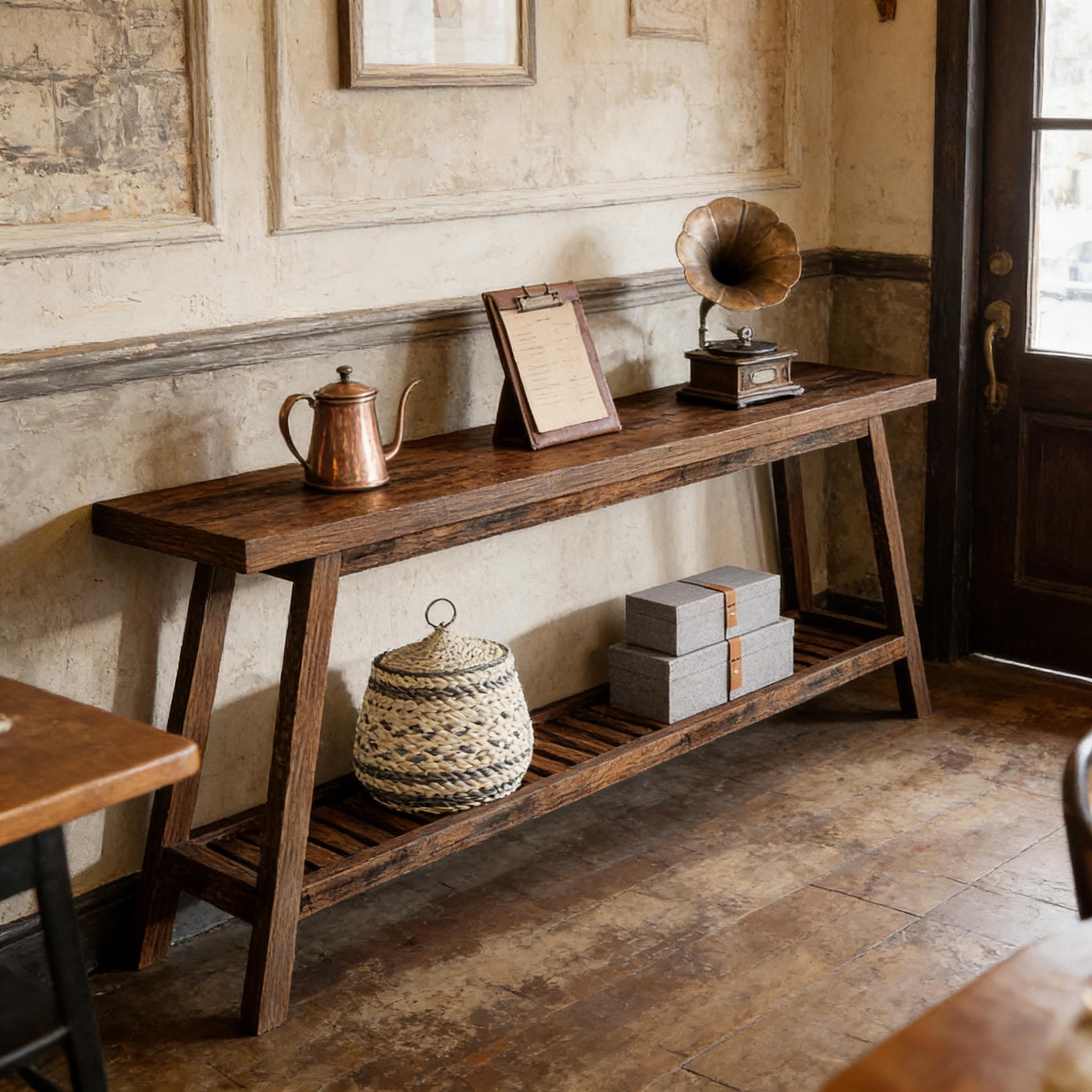 Rustic 2-tier dark wood console table with a slatted bottom shelf, featuring a long rectangular top in a vintage room.