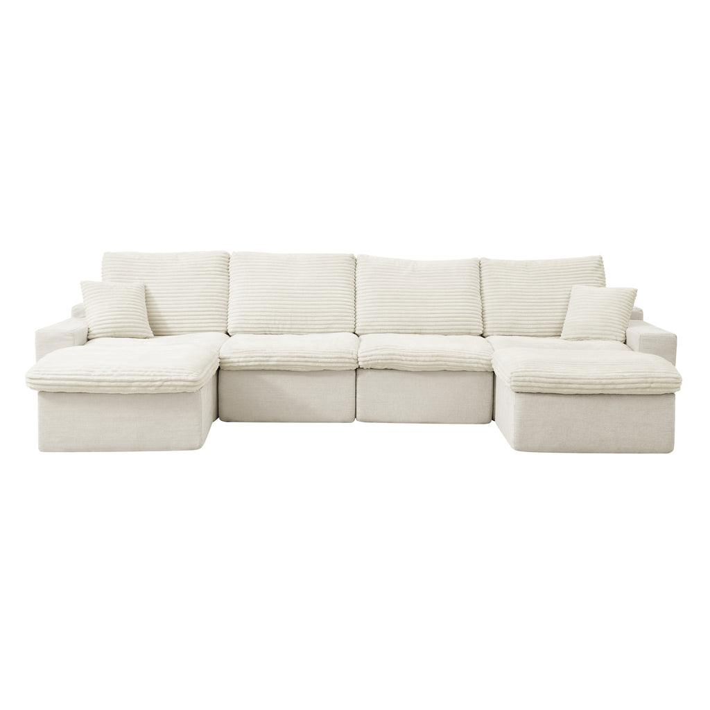 Modern beige corduroy modular sectional sofa with plush cushions, deep seating, and two comfortable chaise ends.