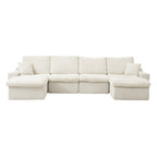 Modern beige corduroy modular sectional sofa with plush cushions, deep seating, and two comfortable chaise ends.