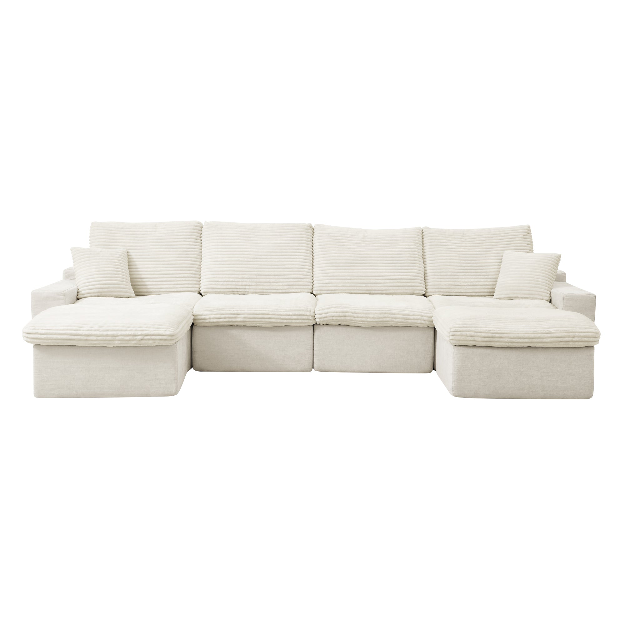 Modern beige corduroy modular sectional sofa with plush cushions, deep seating, and two comfortable chaise ends.