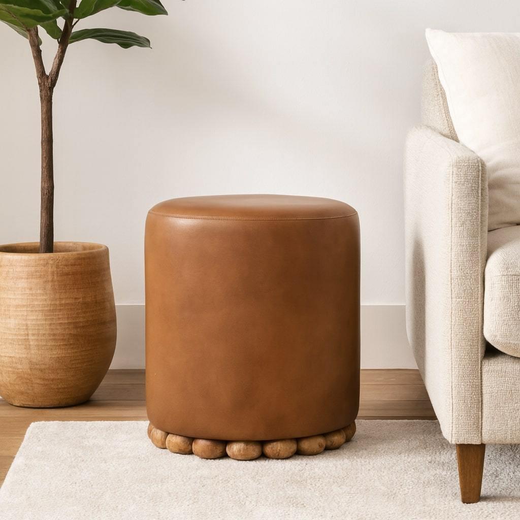 Bola Leather Stool - Solid Wood Construction.