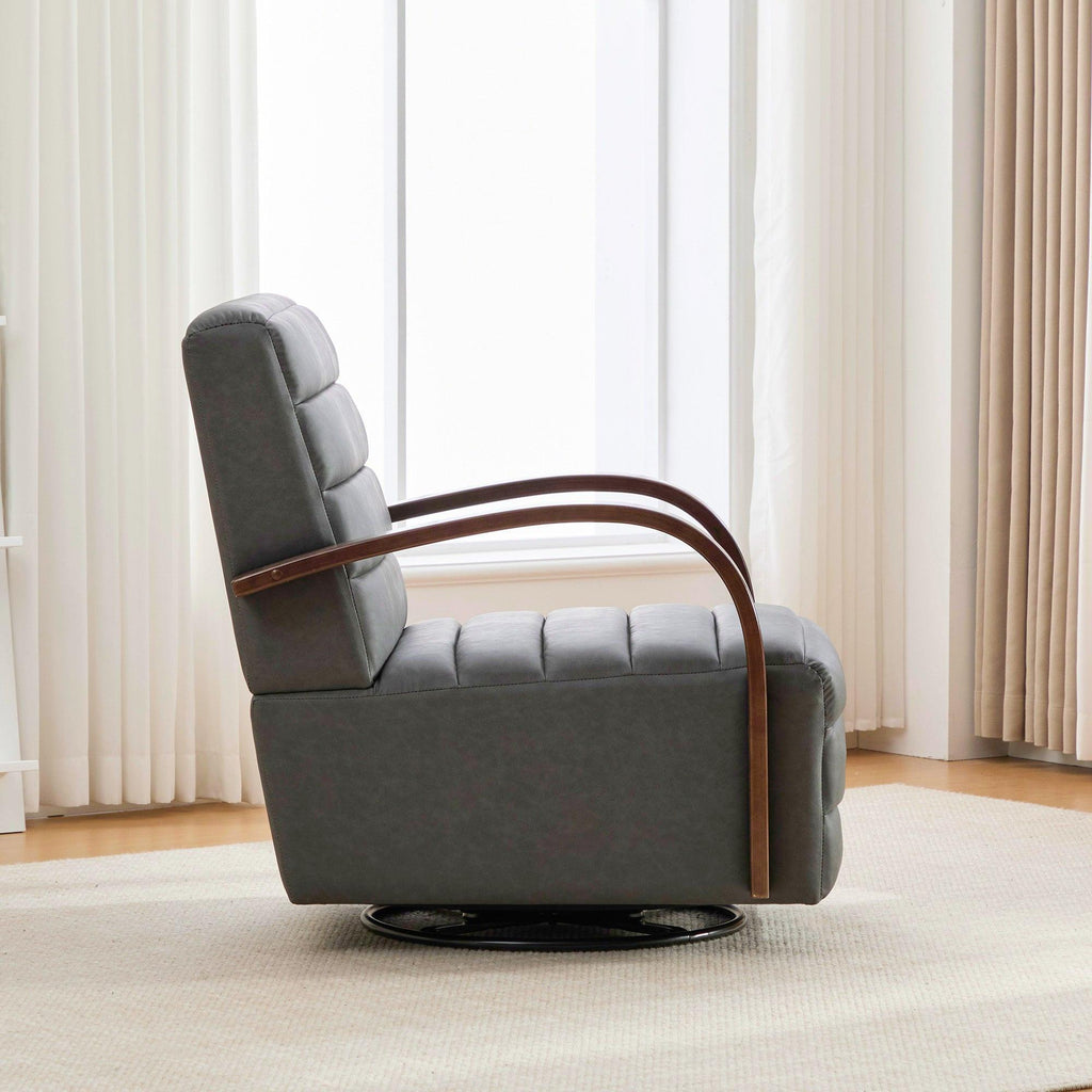 Modern Upholstered 360° Swivel Accent Chair with Solid Wood Armrests, Comfy Channel Tufted Lounge Reading Chair, Gray PU, 30.3'W.