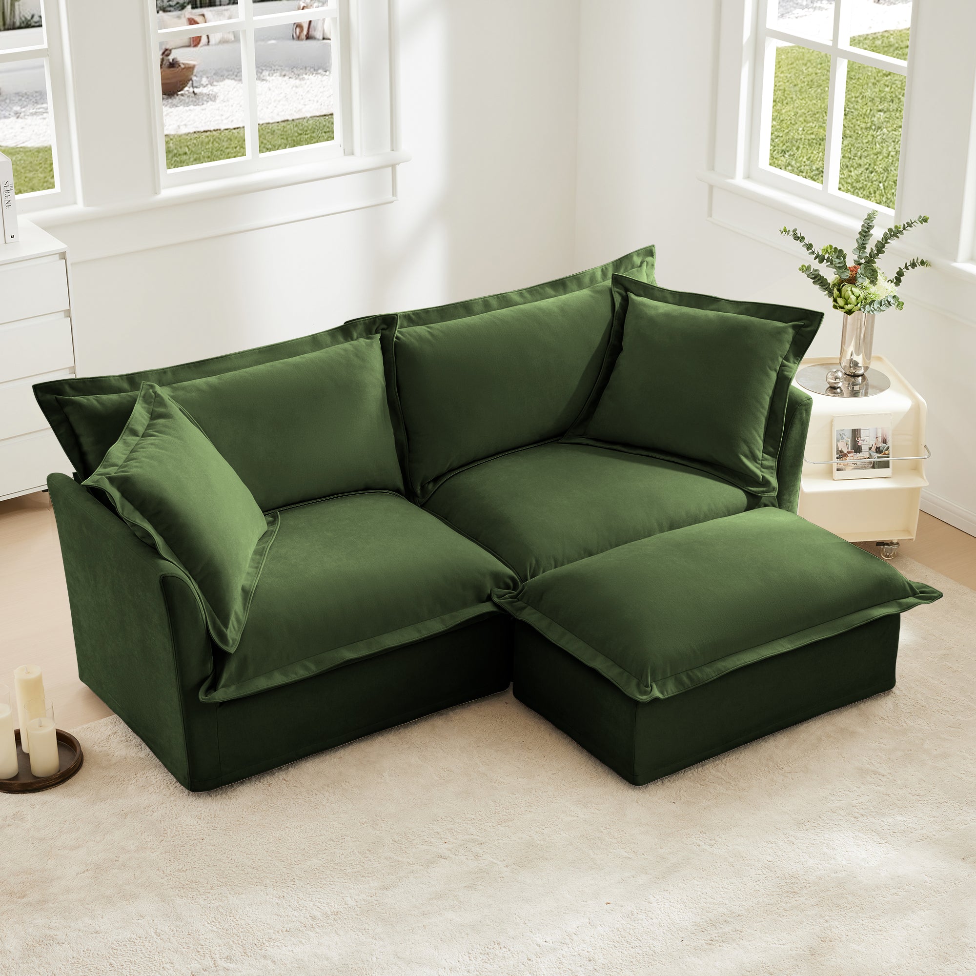Green Chenille 2-Seater Slipcovered Sectional Sofa with Ottoman