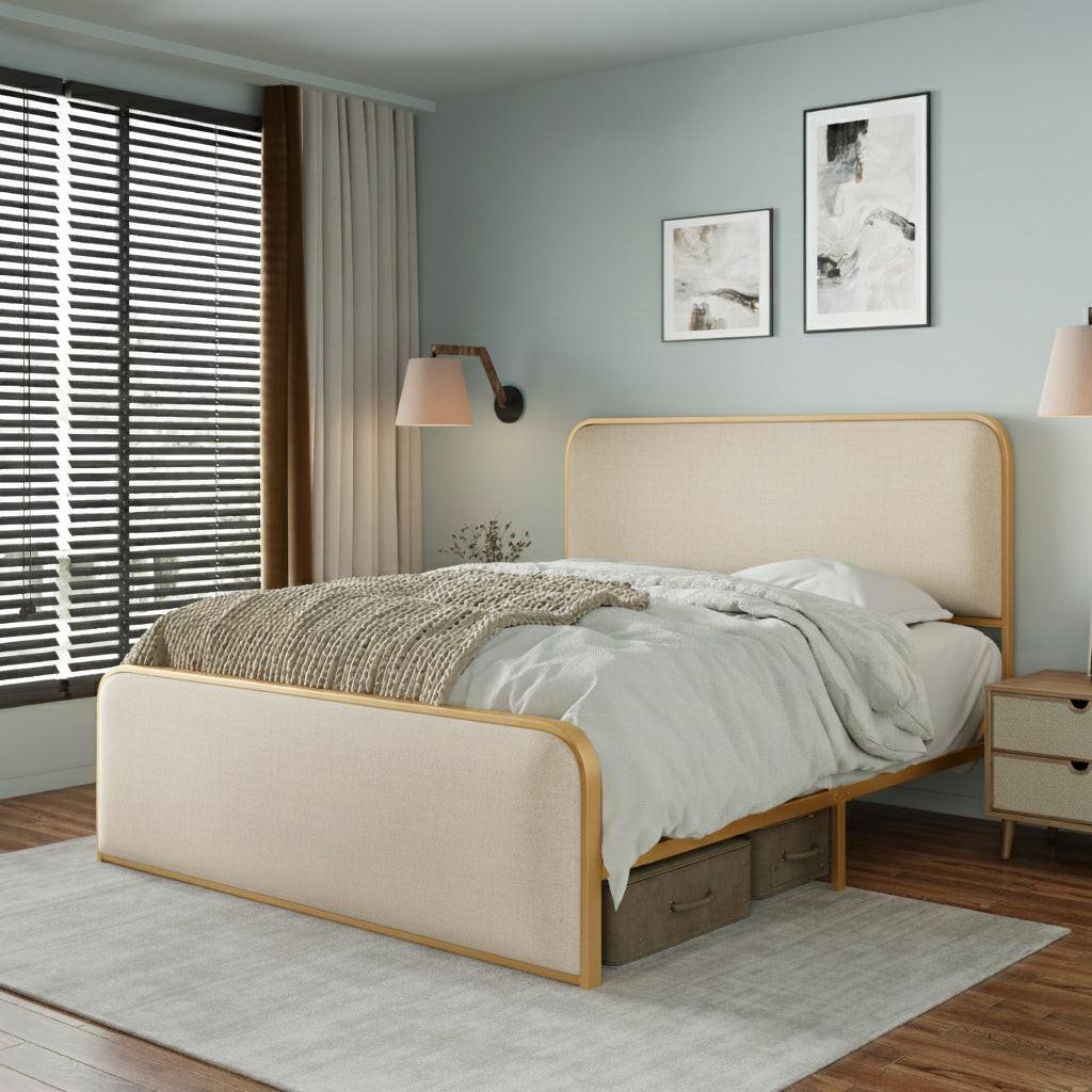 Queen Metal Bed Frame with Upholstered Headboard and Storage.