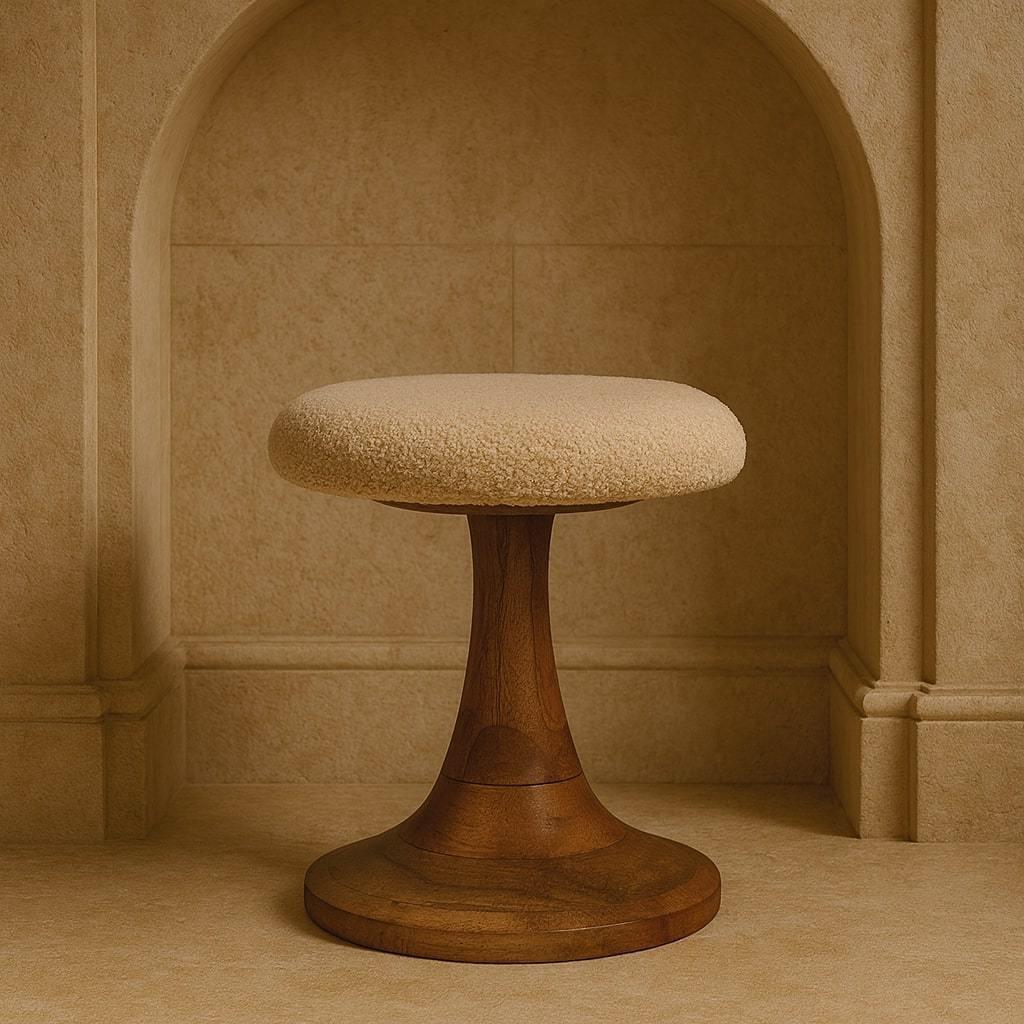 Solid Wood Boucle Teak Accent Stool for Modern Living.