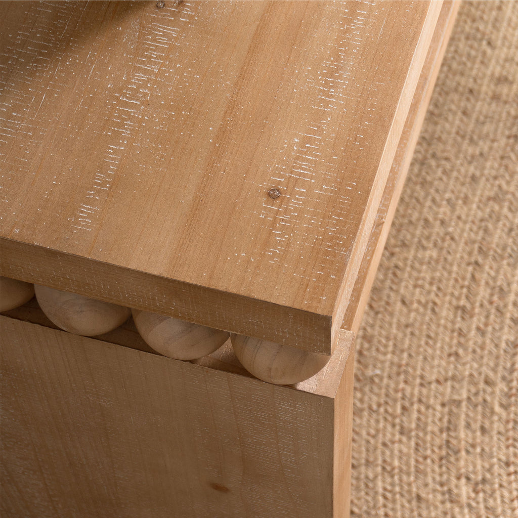 Corner detail of 59 inch rustic console table with shelf, showcasing craftsmanship and decorative bead accents.