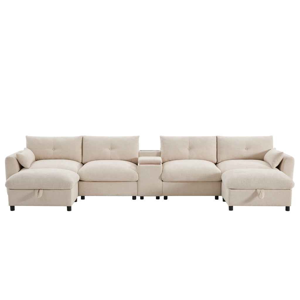 Front view of 142'' modular sectional sofa with storage ottoman and center console, perfect for spacious living rooms.