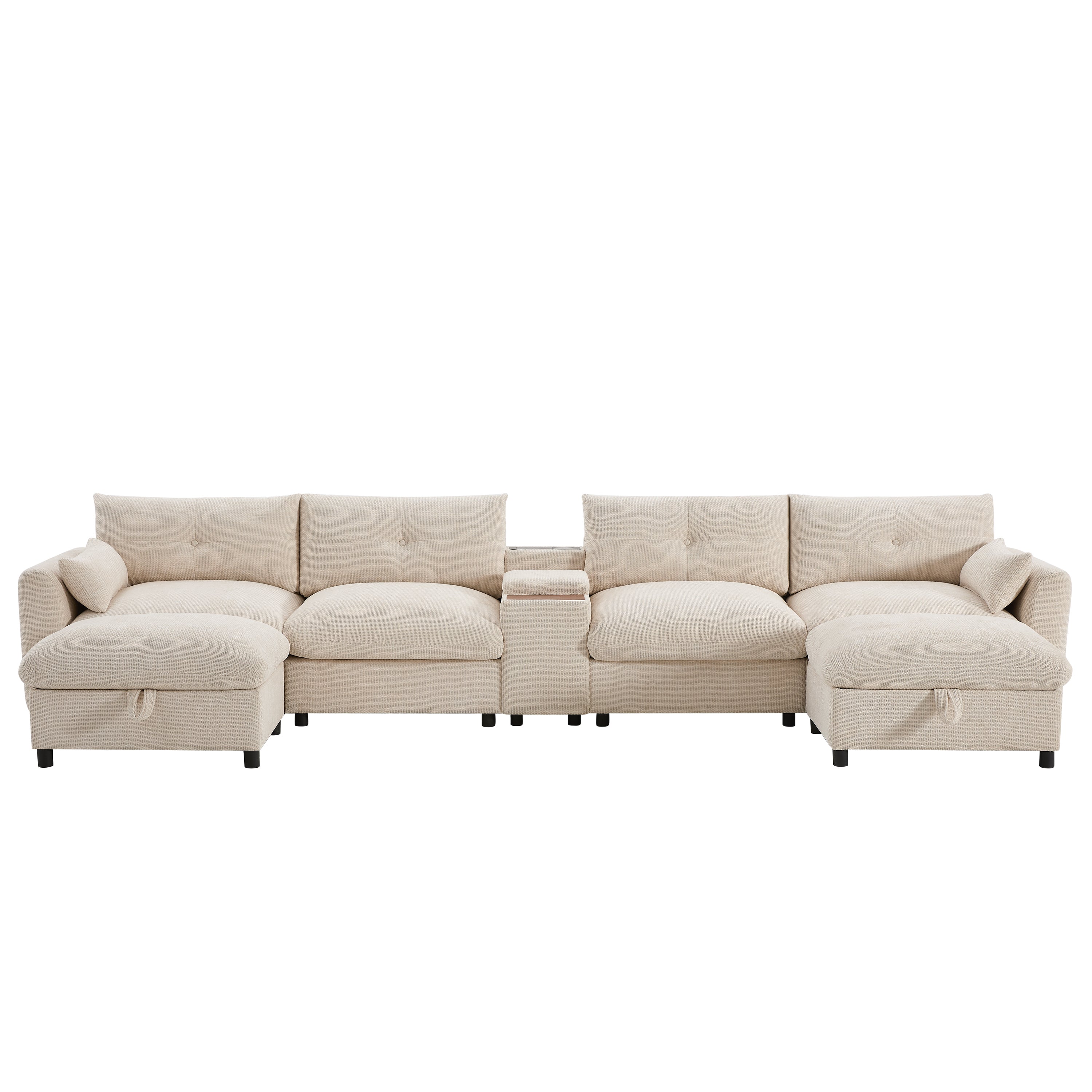 Front view of 142'' modular sectional sofa with storage ottoman and center console, perfect for spacious living rooms.