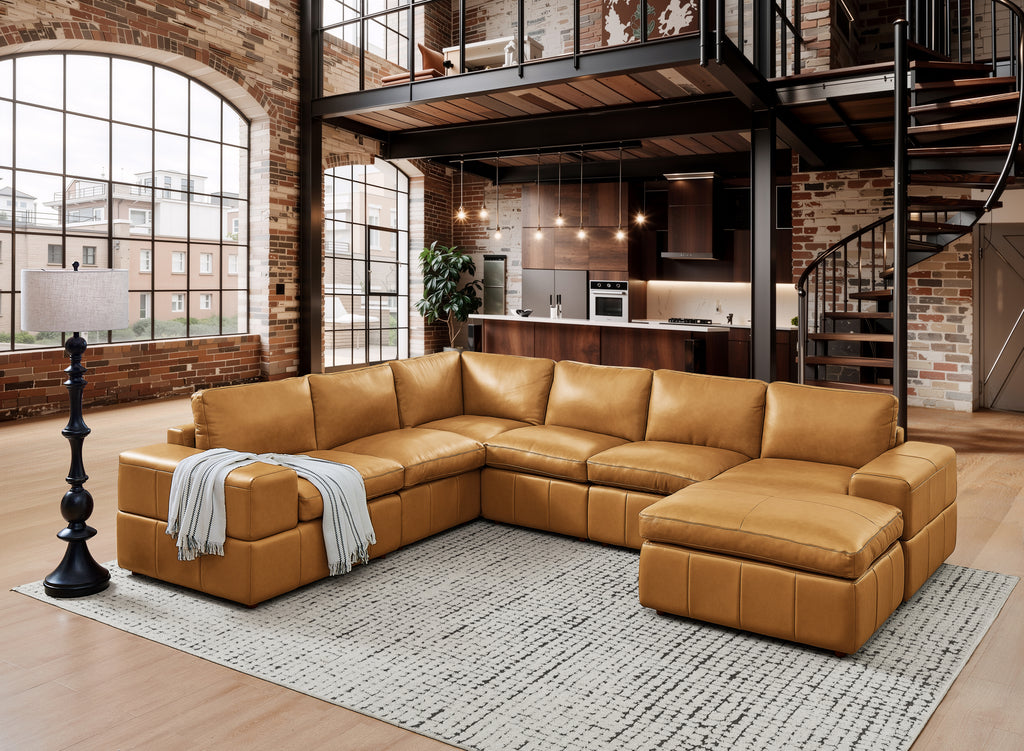 Ginger Leather Match 7-Seater Modular Sectional with Large Arms