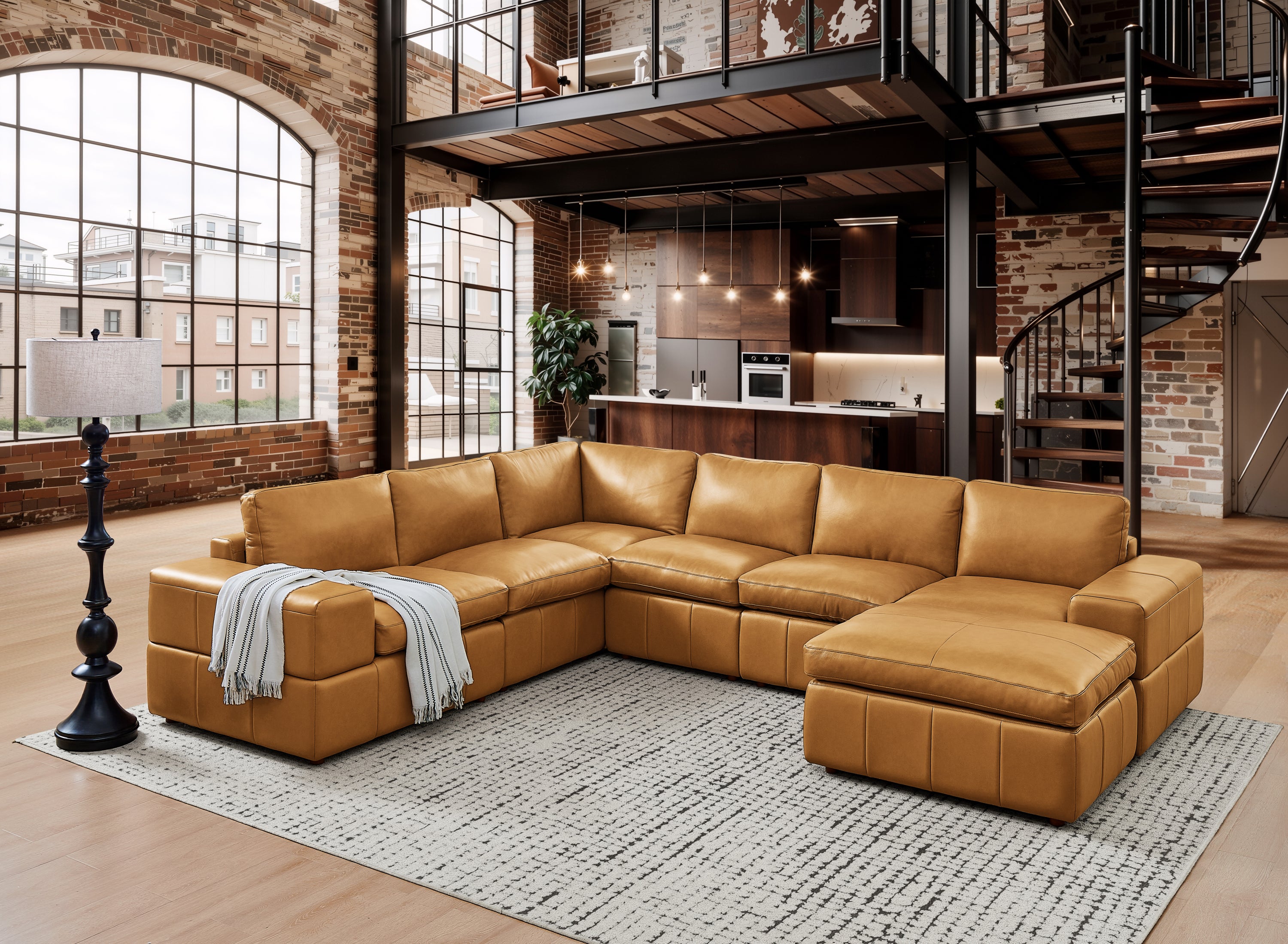 Ginger Leather Match 7-Seater Modular Sectional with Large Arms