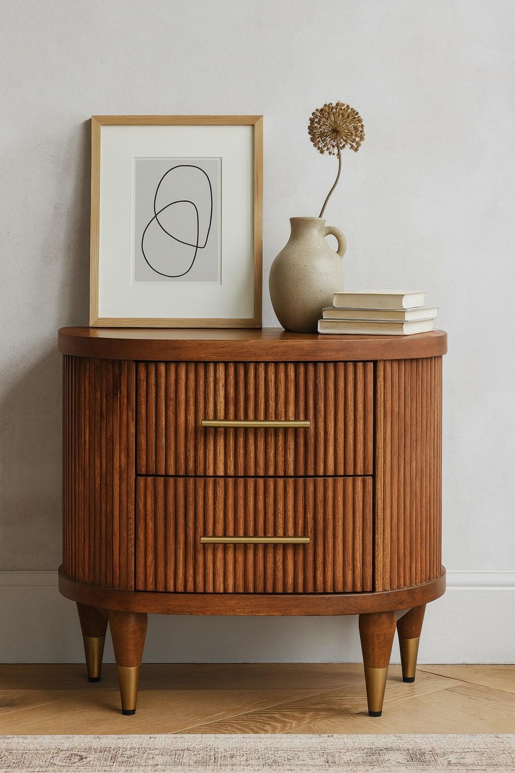 Solid Wood Ribbed Bedside with Brass Accents,Brown, 2-Drawers