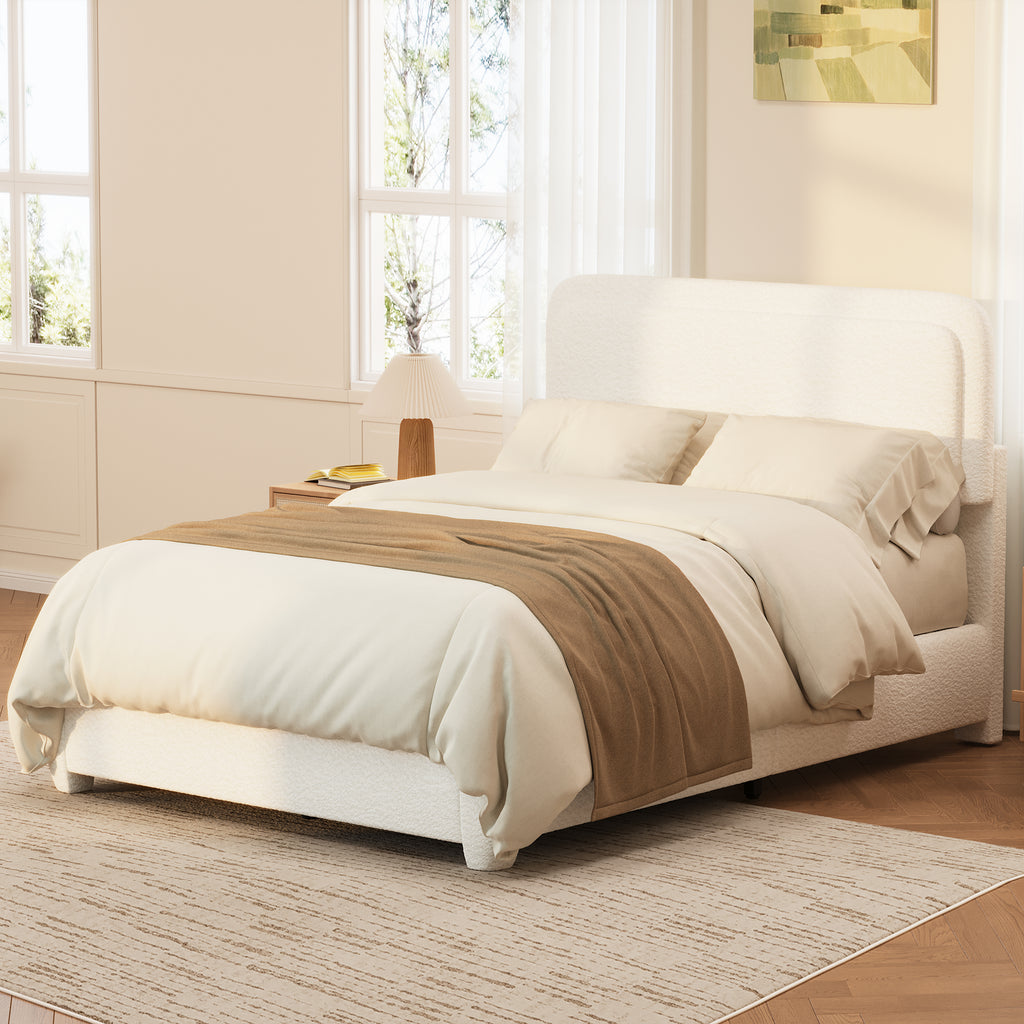 Queen Boucle Platform Bed with Adjustable Cloud Headboard in White