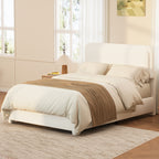 Queen Boucle Platform Bed with Adjustable Cloud Headboard in White