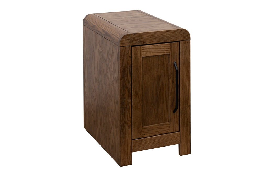 Angled view of Haven 15 inch Oak Chairside Table with Storage. Compact design in oak finish with modern black hardware.