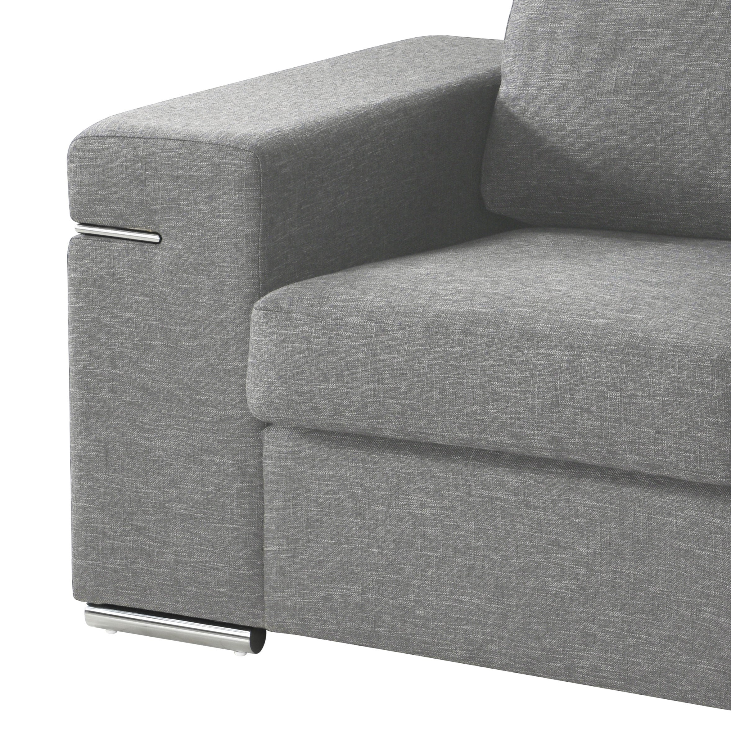 Close-up of Gianna arm chair's cushioned seat and armrest in gray woven fabric, showcasing its soft texture and modern design.
