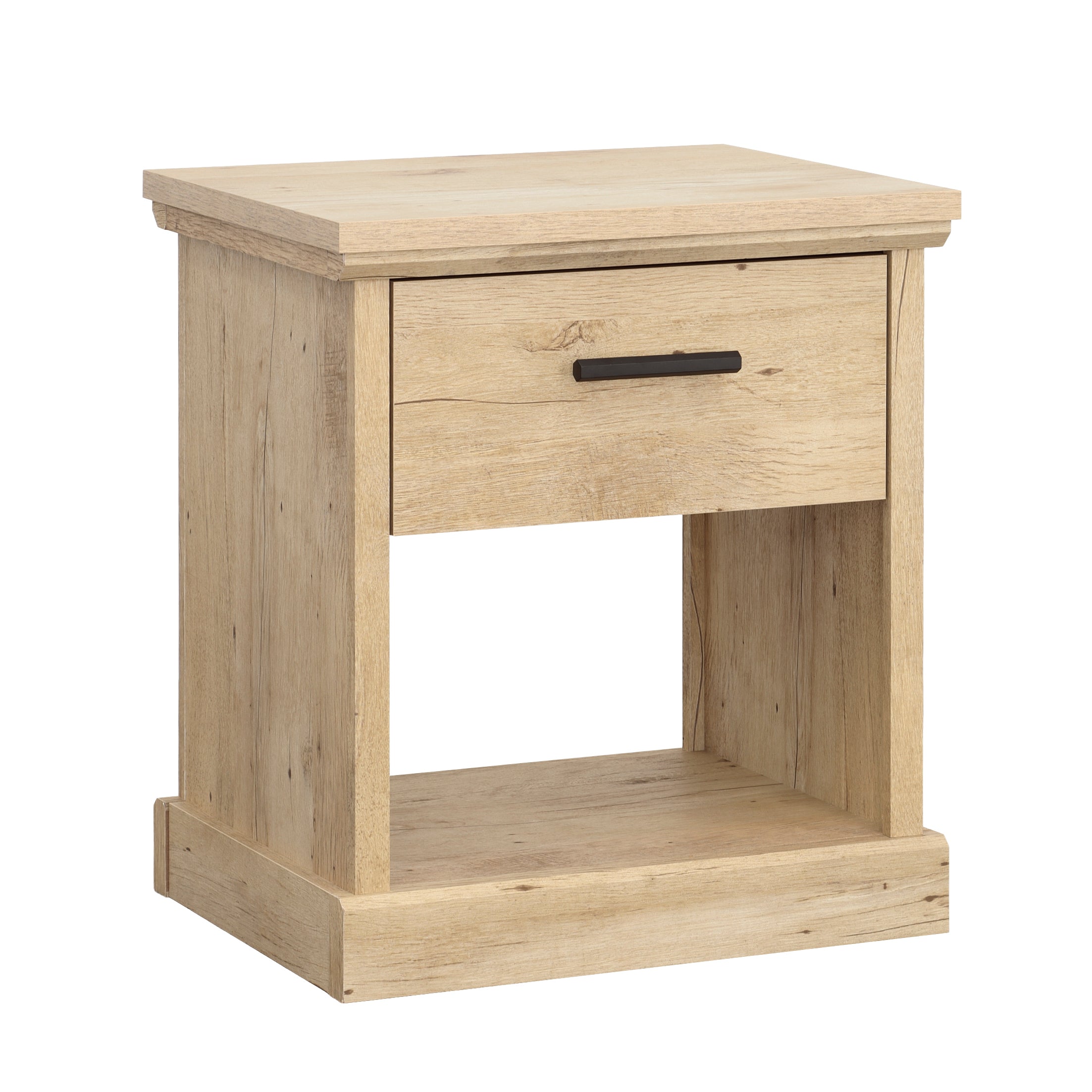 Brown Finish Night Stand with Drawer & Shelf featuring a modern wood grain design and open lower shelf for storage. Ideal for bedroom furniture.
