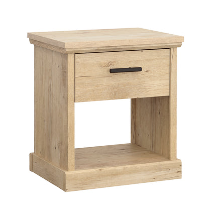 Brown Finish Night Stand with Drawer & Shelf featuring a modern wood grain design and open lower shelf for storage. Ideal for bedroom furniture.