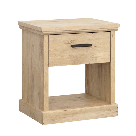 Brown Finish Night Stand with Drawer & Shelf featuring a modern wood grain design and open lower shelf for storage. Ideal for bedroom furniture.
