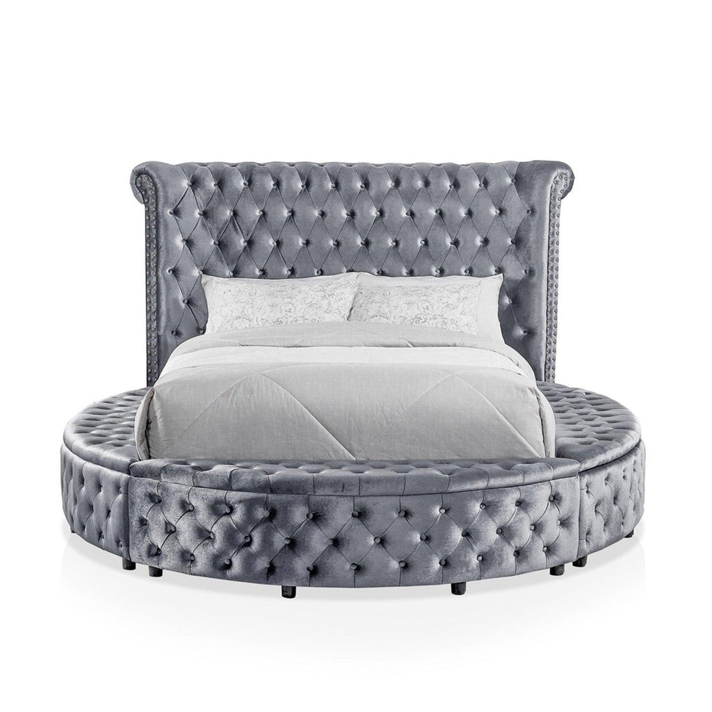 Gray Velvet Round Storage Bed with USB Ports and Features.