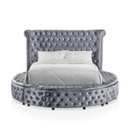 Gray Velvet Round Storage Bed with USB Ports and Features.
