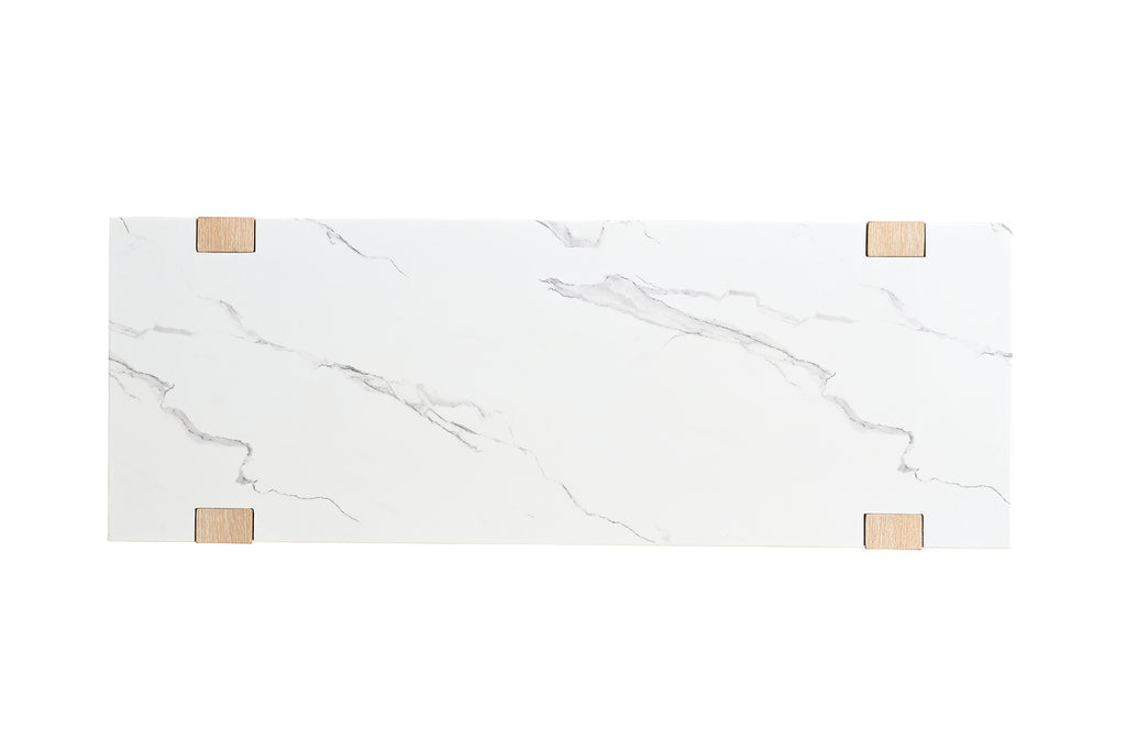 Top view of contemporary sofa table showcasing the sleek white faux marble surface with natural wood corner accents.